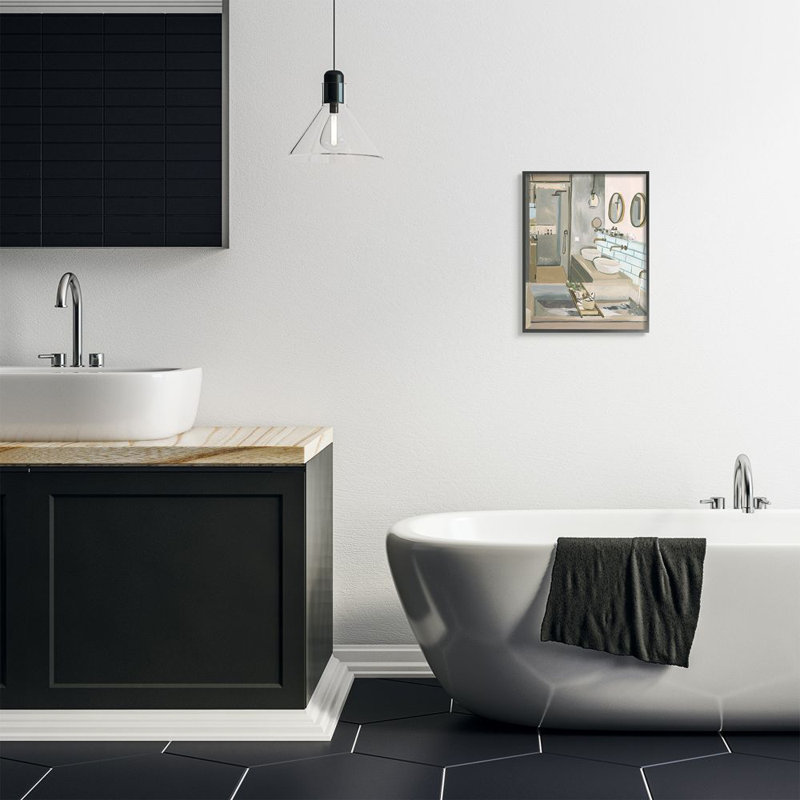 «Run Bath Abstract Bathroom» par Melissa Wang - impression d'art graphique, H 20 po x l 16 po, Cadre noir