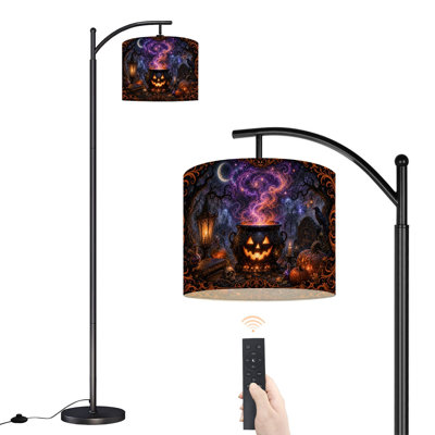  Lampe sur pied arc chaudron d'Halloween visage de citrouille brillant mauve gothique fantaisie haute lampe sur pied moderne abat-jour réglable en lin à 3 couleurs