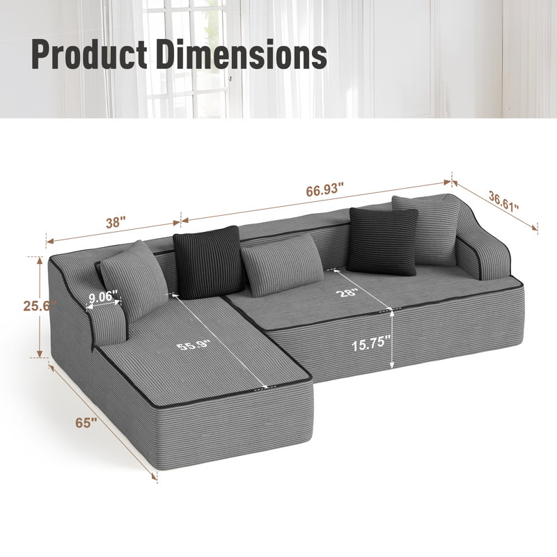 Modern Padded Plush Corduroy Cloud Corner Sofa With L-shaped Chaise And Deep Seating, No Assembly Required, For Living Room Office Apartment 