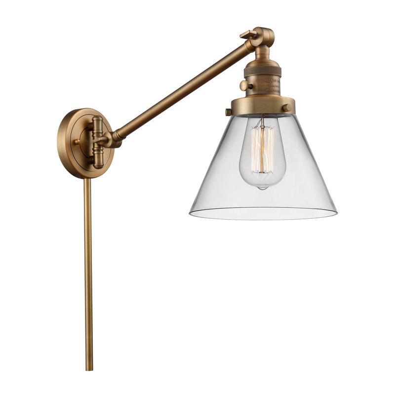 Lampe murale avec bras pivotant 1 lumière Cone, Ampoule incandescente rétro 60 watts, Laiton brossé, Clair