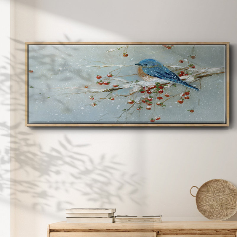 Oiseau bleu en hiver - toile encadrée, H 8 po x l 20 po