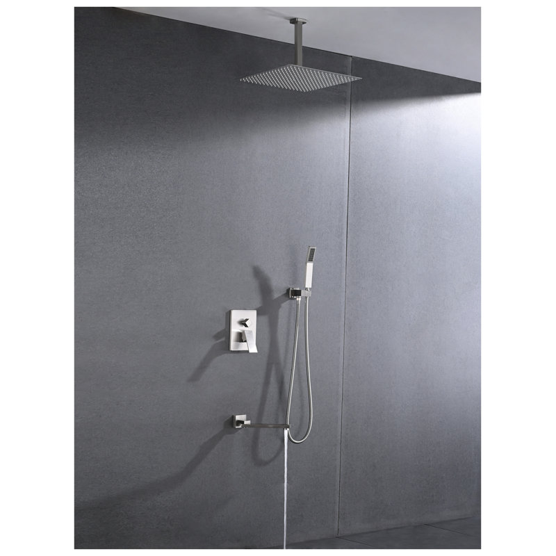 Ensemble de douche à fixation au plafond 16 po avec douchette à main - Nickel brossé et laiton brossé