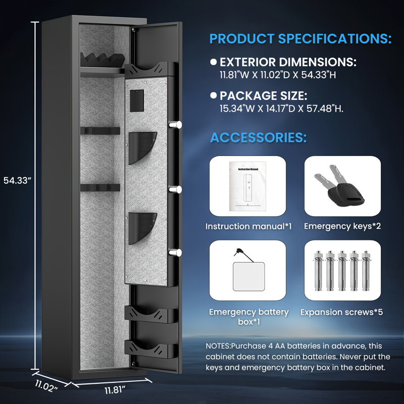 Coffre-fort pour arme à feu d'empreinte digitale de 54 pouces pour la maison - serrure biométrique à accès rapide, tablettes réglables et porte-pistolet, armoire de sécurité en acier robuste pour armes à feu et objets de valeur