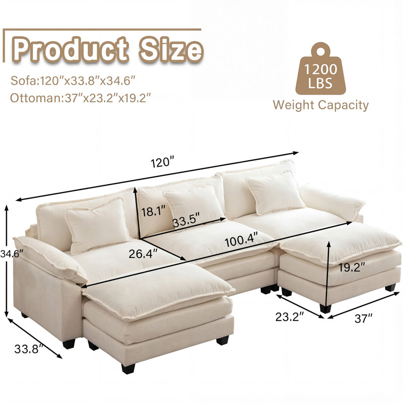 Canapé modulaire U, H 34,6 po x l 120 po x P 33,8 po, Chenille beige