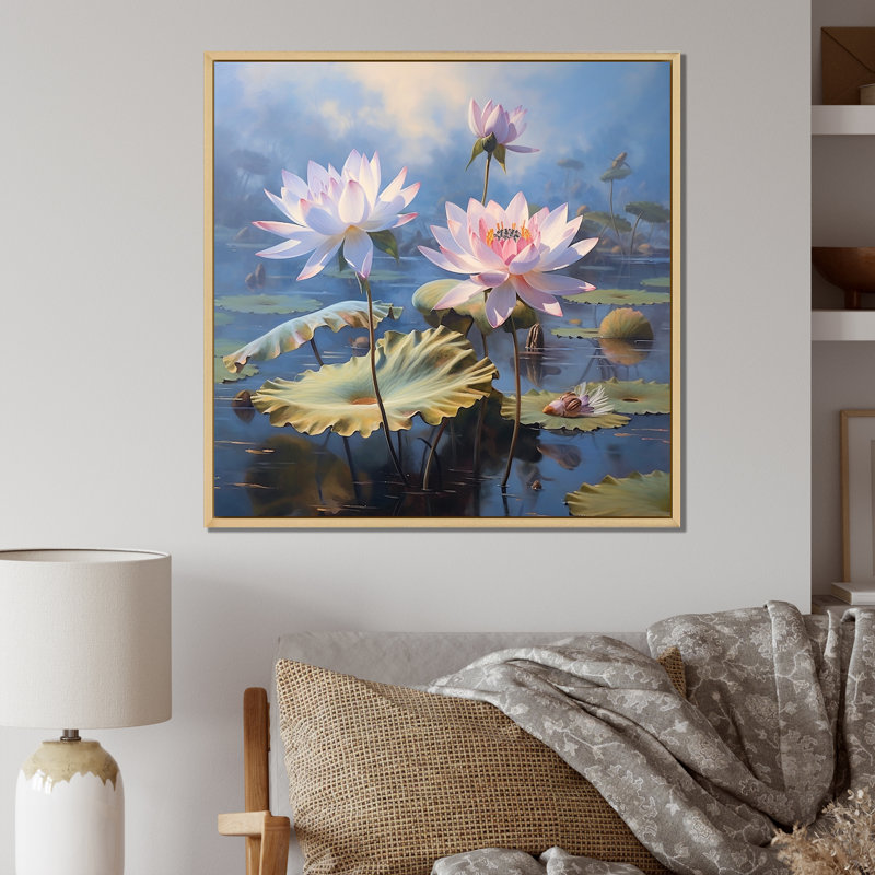 Lotus, éternelle beauté parmi les nénuphars, H 30 po x l 30 po x P 1 po, Cadre naturel flottant