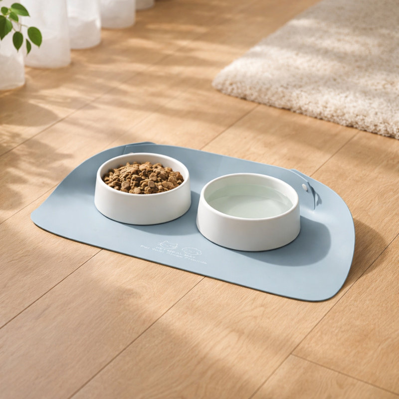 Tapis d'alimentation semi-fermé en cuir épaissi pour animaux de compagnie imperméable et antidérapant, bleu, Bleu