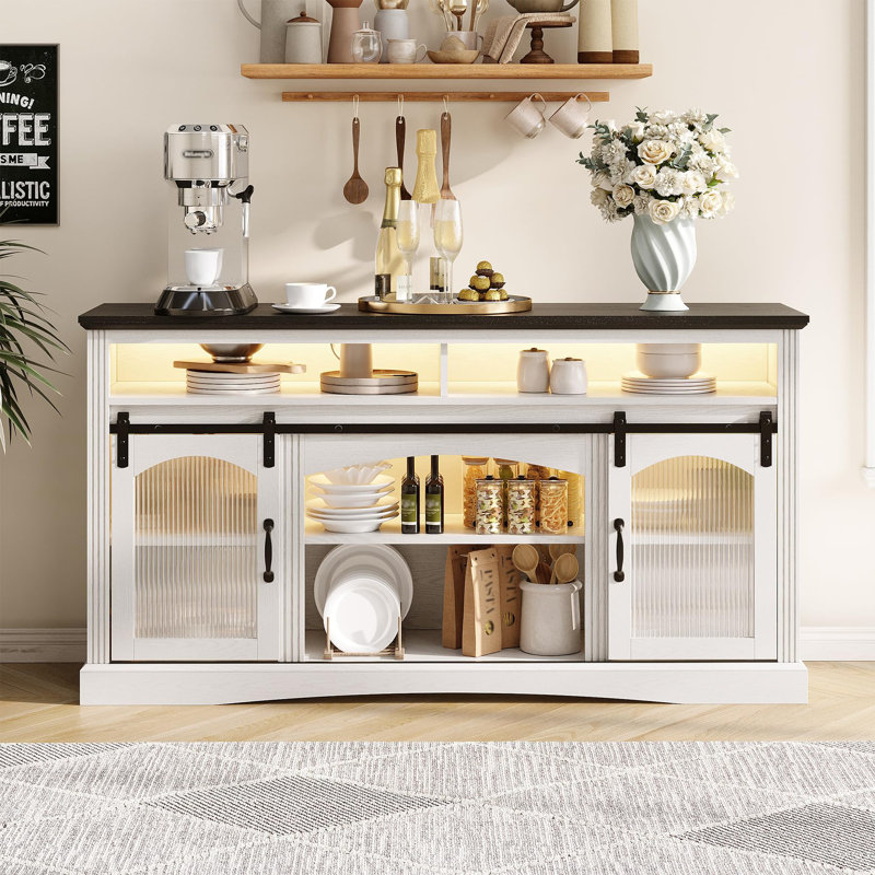 65 Inch TV Stand With Led Light With Glass Barn Doors & Adjustable Shelves, Gray