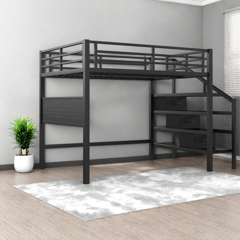 Lits avec escalier de rangement, loft moderne en bois aggloméré pour petites pièces