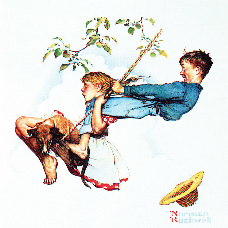 «Young Love Swinging» par Norman Rockwell, impression sur toile tendue, H 18 po x l 18 po x P 1,5 po