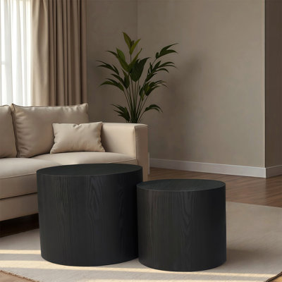 Ensemble de 2 tables basses gigognes, table basse ronde moderne avec pieds antidérapants, table d'appoint en bois pour salon, chambre à coucher, bureau, balcon, terrasse, petit espace, sans assemblage, noir mat