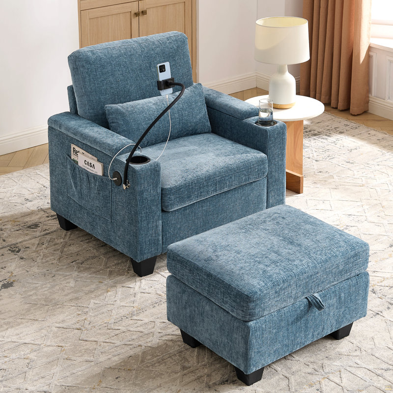 Canapé inclinable simple avec dossier réglable manuellement, port de charge USB, Bleu