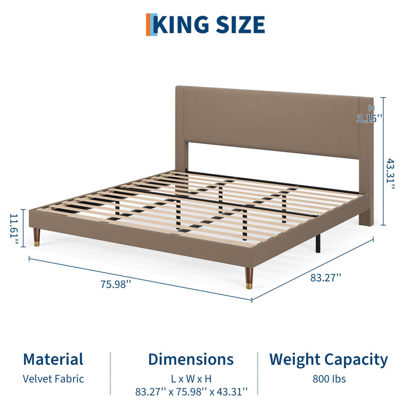 Base de lit plateforme très grand, cadre de lit très grand moderne avec tête de lit tapissier et support de lattes en métal robuste, aucun sommier requis, assemblage facile, brun