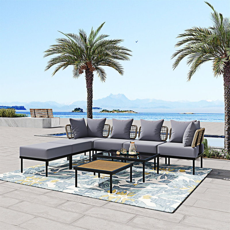 Ensemble de canapé modulaire de patio 8 pièces 8 pièces, Coussin gris clair / structure noire