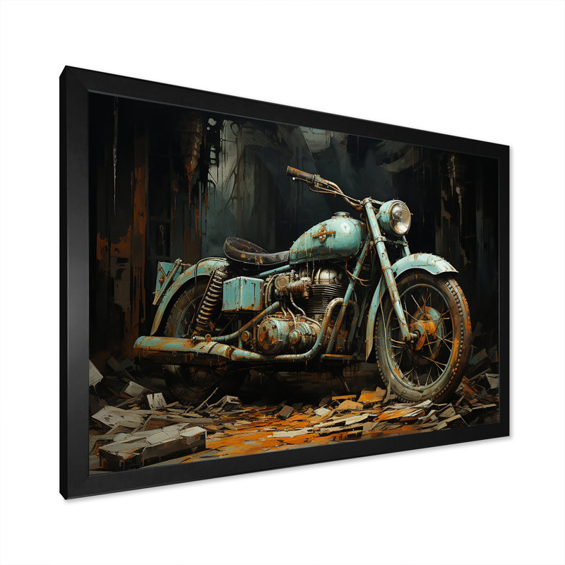 Motocyclette classique bleue et noire - art mural moto, Cadre d'angle fermé noir, H 16 po x l 32 po x P 1 po