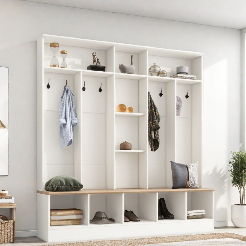 Wide Design Hall Tree With Storage Bench, Shoe Cabinet, Shelves And 8 Hooks, White