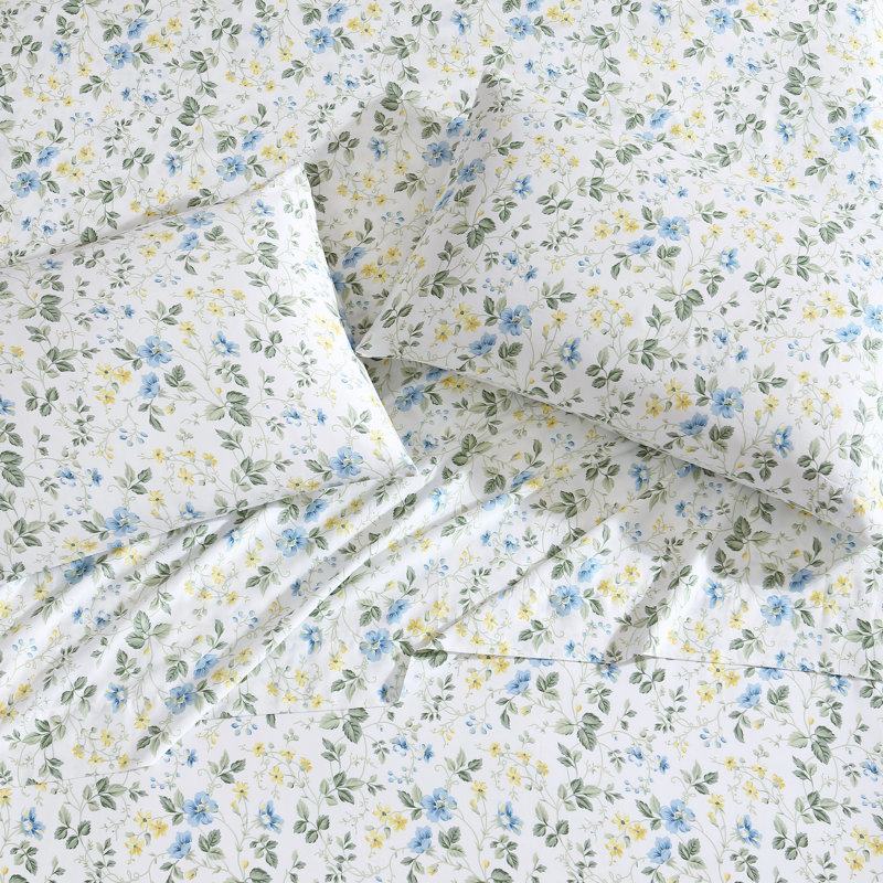 Laura Ashley Printed Cotton Sateen Pillowcase Set, Meadow Floral Blue
