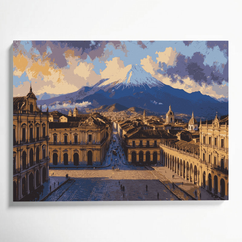 Art mural sur toile mauve avec villes, Quito, Équateur, H 11 po x l 14 po