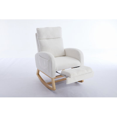 Teddy Fabric Leisure Rocking Chair,Nursery Rocking Chair With Adjustable Footstool,Thickened Headrest And High Backrest, Storage Pocket On The Right Side,The Base Rocker Is Solid Wood