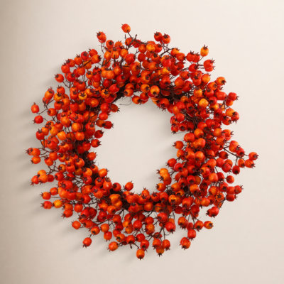 20 inch Orange Frosted Berry Branch Tall Silk Wreath - Holiday Front Door Decor