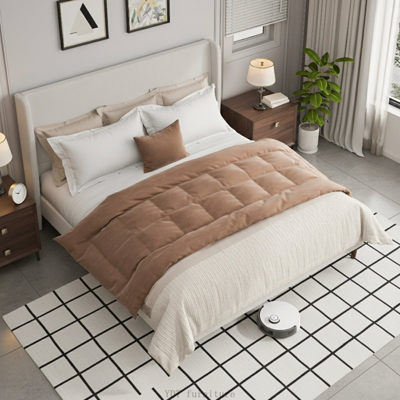 Lit tapissier très grand pour très grande tête de lit, tissu chenille, blanc ivoire, aucun sommier requis, Très grand lit