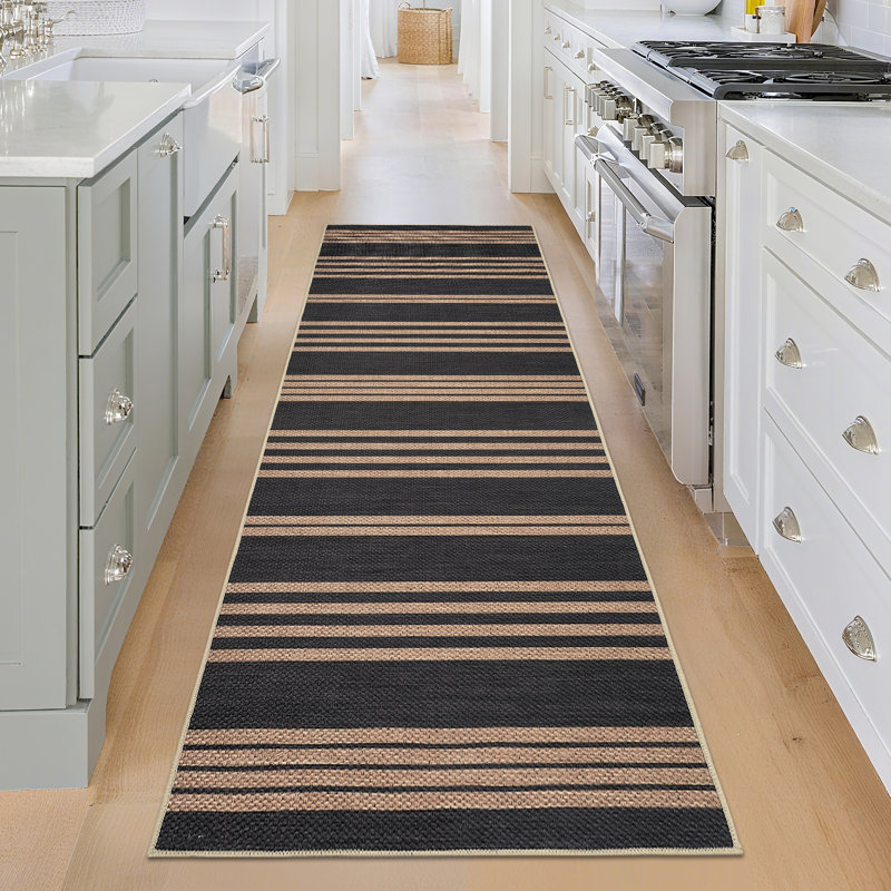 Washable Easy Jute Rug Modern Striped Living Room Rug with Non-Slip Backing, Non Shedding Neutral Floor Mats, Indoor Outdoor Carpet for Bedroom, Patio, Backyard
