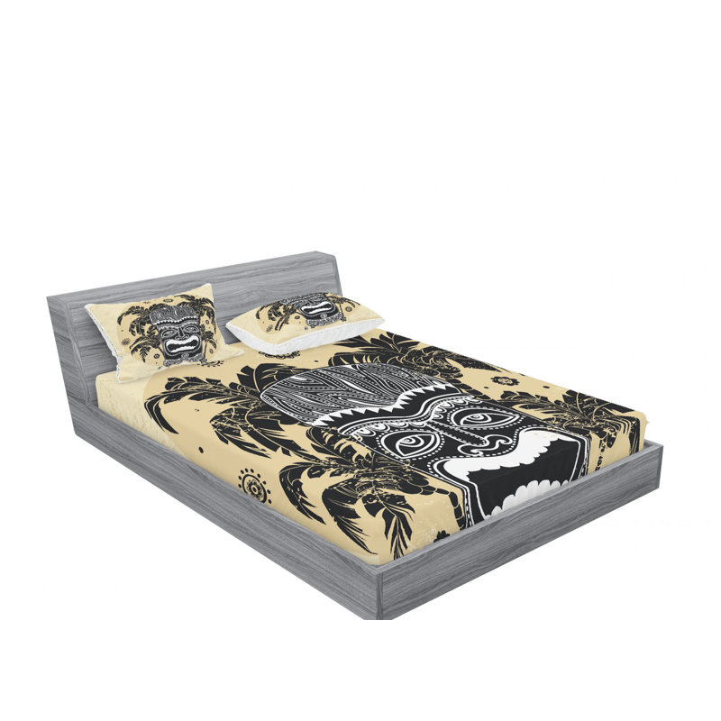Ensemble de draps Hawaii Tiki Mask Palm Trees Ornate, Ensemble de draps pour lit double avec un drap-hou