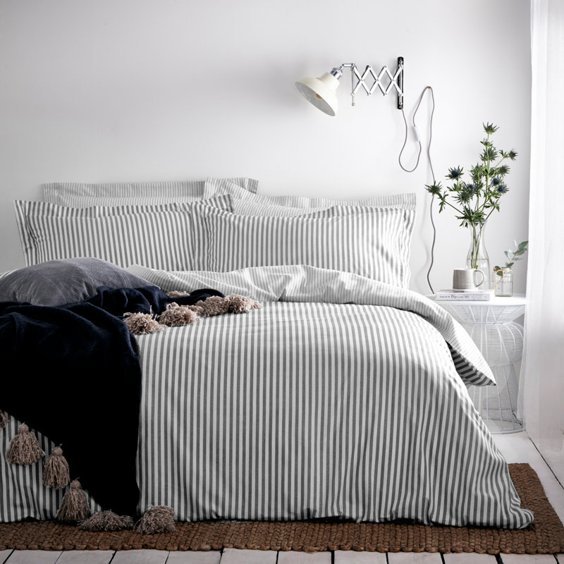 Hebden Mélange Stripe 100% Cotton Duvet Cover Set, Double Duvet Cover + 2 Standard Pillowcases, Grey