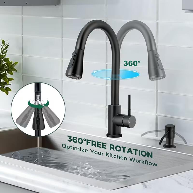 Kitchen Faucet with Soap Dispenser 304 Stainless Steel Kitchen Sink Faucet with Pull Down Sprayer 3 Modes, Single Handle High Arc Mixer Taps for Sink RV Laundry, Bar