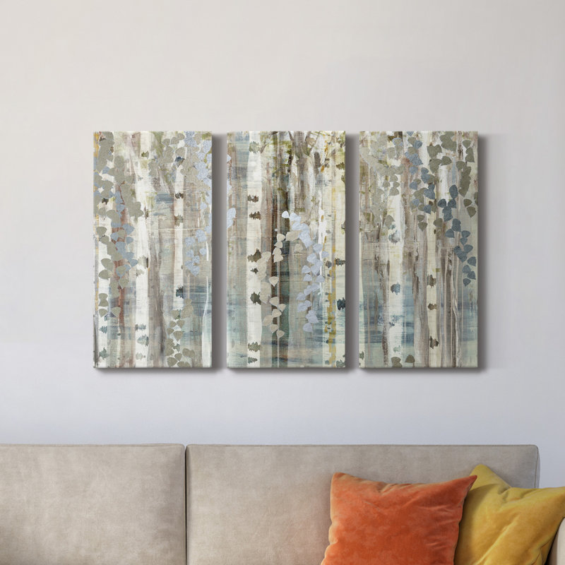 Birch Wood Meadow - reproduction de cadre photo sur toile 3 pièces, H 27 po x l 54 po x P 1 po