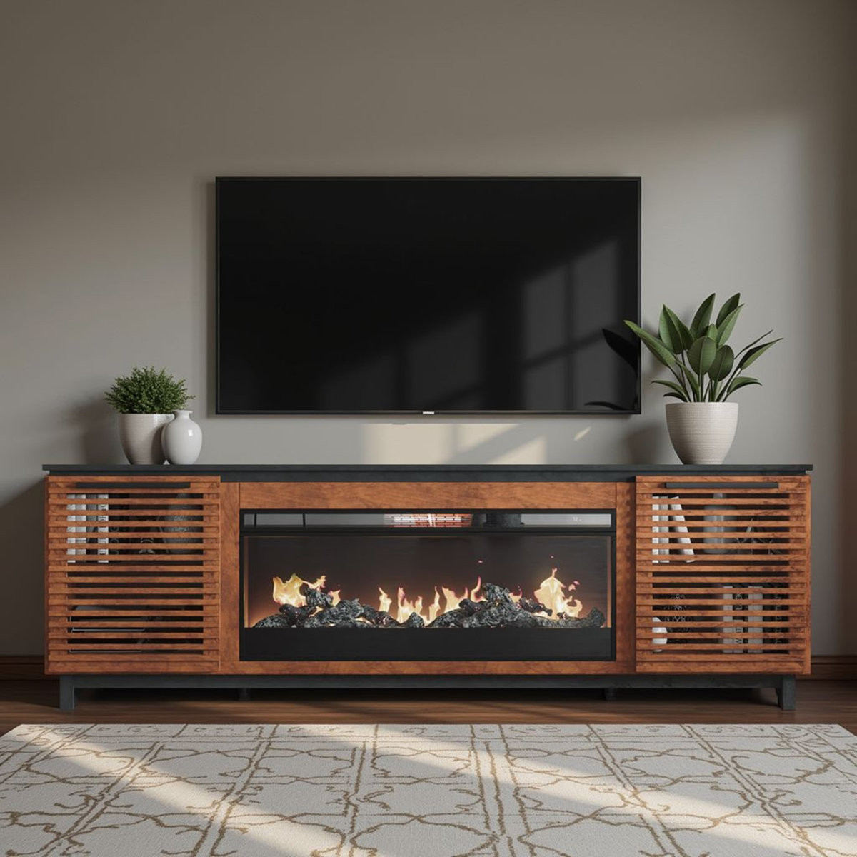 Liddel 86 inch Modern Fireplace TV Stand Console, for TVs up to 100 inches, Bourbon and Black Finish