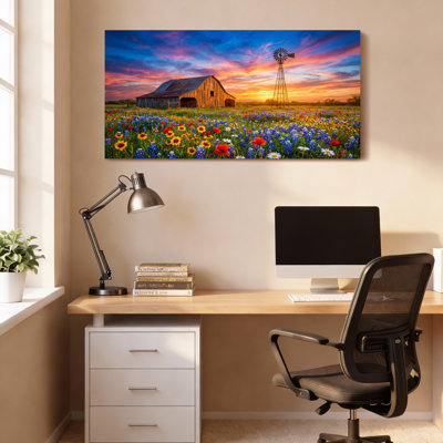 Farmhouse Barn And Windmill Sunset Canvas Wrapped Wall Art Oil Painting Print Set Of 1
