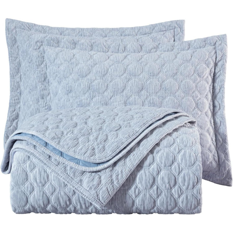 Lightweight Soft Octagon Stitched Jacquard Velvet Quilt Set , King Quilt + 2 King Shams, Blue