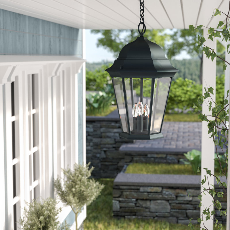 Lanterne suspendue d'extérieur à 3 lumières H 19,5 po Howa, Noir mat, Verre biseauté transparent