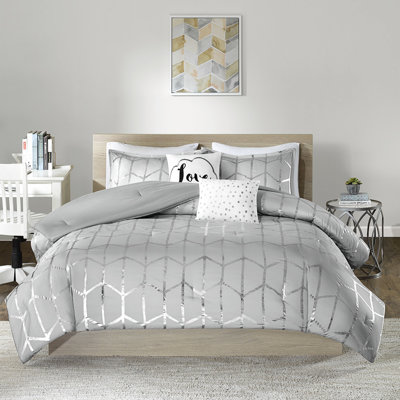 Édredon simple / simple TG avec taie d'oreiller brodée à motif métallique gris et argent