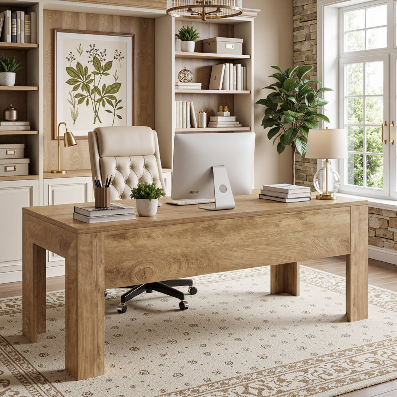 Bureau de direction 63 po, grand bureau d'ordinateur pour le bureau personnel, brun, Marron clair