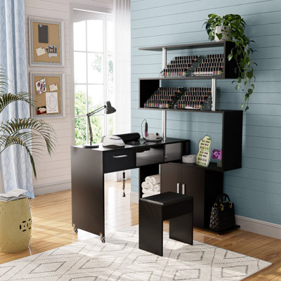 Grunewald Manicure Table L-Shaped Nail Desk with 1 Stool, Dust Collector, Two-Way Drawer, Cabinet and Storage Shelves, Rotating Reversible Manicure Workstation on Wheels