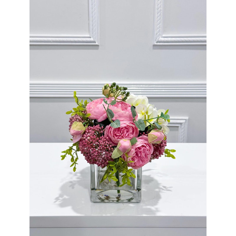 Faux Peony And Hydrangea In Vase, Hot Pink Purple