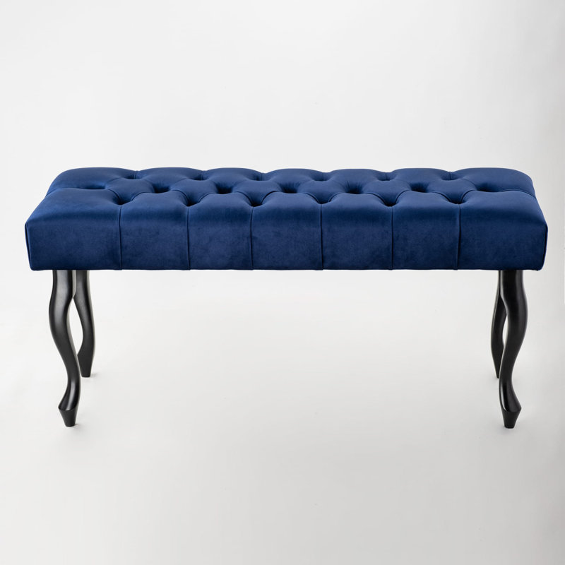 Jerez Velvet Upholstered Bench, H45 x W90 x D35cm, Dark Blue/Black