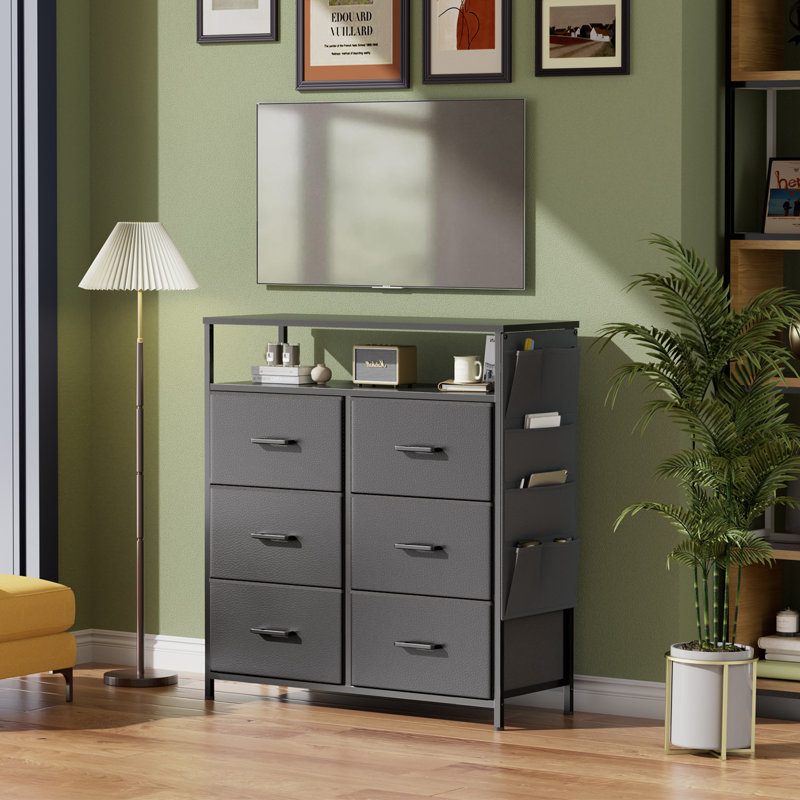Dresser For Bedroom With 6 Drawers, Fabric Chest Of Drawers With Open Shelves & Side Storage Bags, Dresser TV Stand With LED Lights For Living Room, Closet, Entryway, Gray