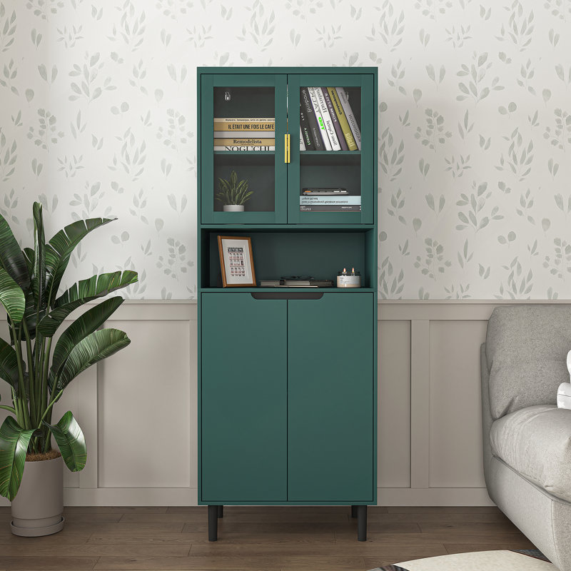 Tall Storage Show Cabinet With 2 Glass Display Door & 2 Doors, Tall Kitchen Pantry Cabinet, White