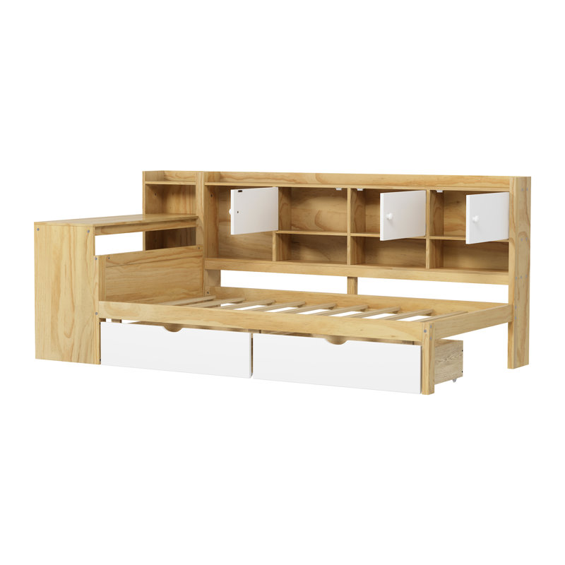 Lit de jour en L avec bureau - simple, naturel et blanc