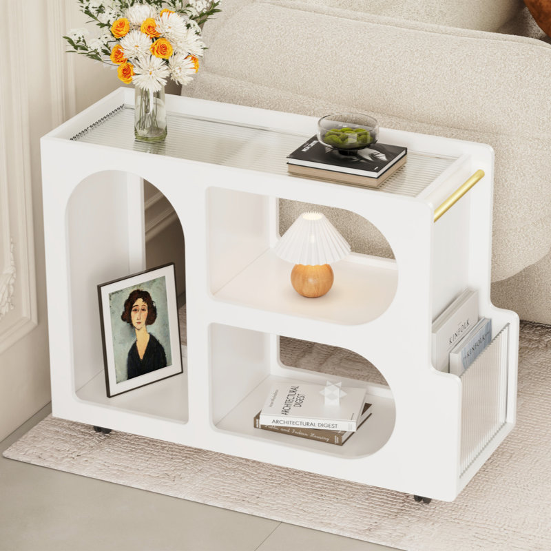 Table de chevet pour chambre à coucher, table de chevet, table de bout mobile avec roues verrouillables, petite table basse avec verre trempé cannelé