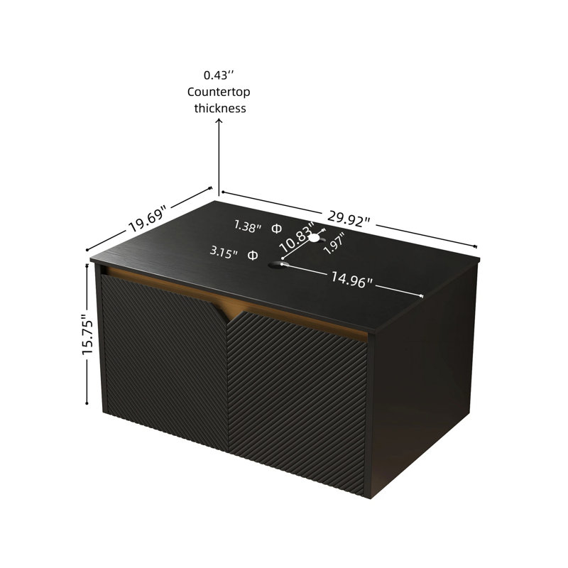 Armoire de salle de bain 30 po avec comptoir en pierre frittée noire, sans vasque, portes en bois massif, structure en contreplaqué, garniture en sergé, fermeture en douceur, paquet plat pour meuble-lavabo à comptoir à installation automatique, corps, accents métalliques,