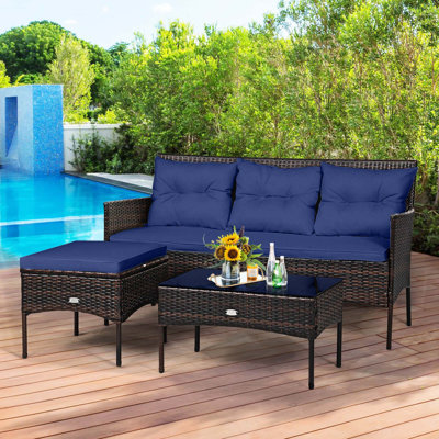 Winston Porter 3pcs Patio Rattan Furniture Set 3-seat Sofa Cushioned Table Garden Navy