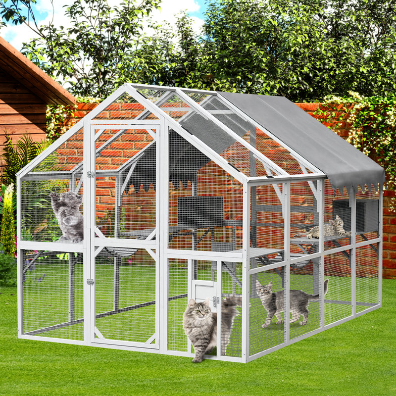 Parc d'extérieur pour chat - 114,16 po Profondeur et largeur de 74,86 po, grand chaton bleu et gris de 110 po, imperméable et spacieux pour les chats