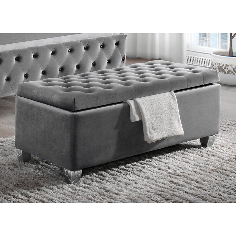 Lift-Top Storage Bench With Grey Velvet Upholstery, Tufted Design, Hidden Storage & Sturdy Wooden Legs
