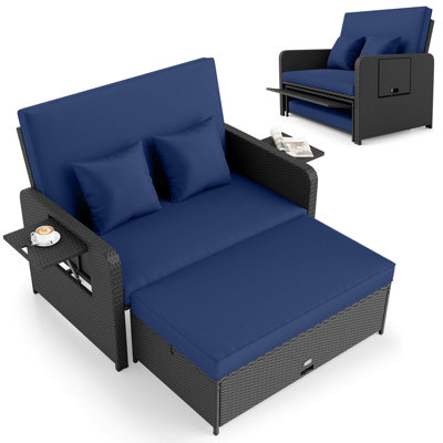 2 PCS PE Wicker Outdoor Daybed with 4-Level Adjustable Backrest, Storage Ottoman