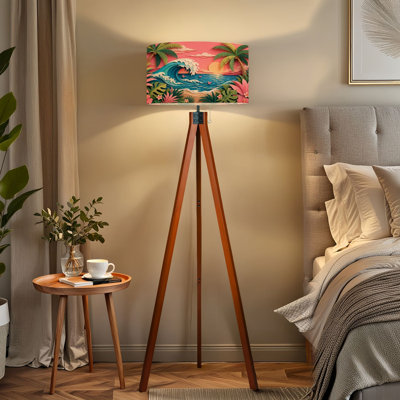 Tripod Standing Lamp Tropical Paper Art Ocean Wave Palm Trees Sunset Remote Controlled Dimmable LED Floor Lamp with Beech Wood Legs & Detachable Linen