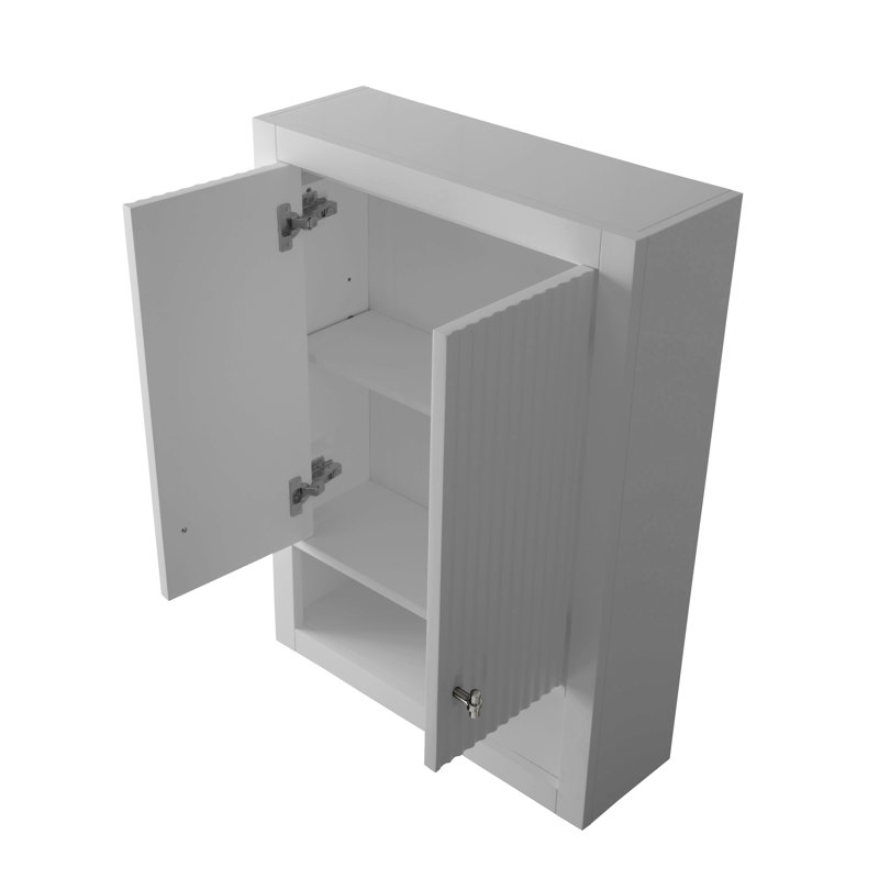 Armoire de rangement de salle de bain murale 24 po avec 2 portes, tablette réglable et tablette ouverte, Blanc, Nickel brossé