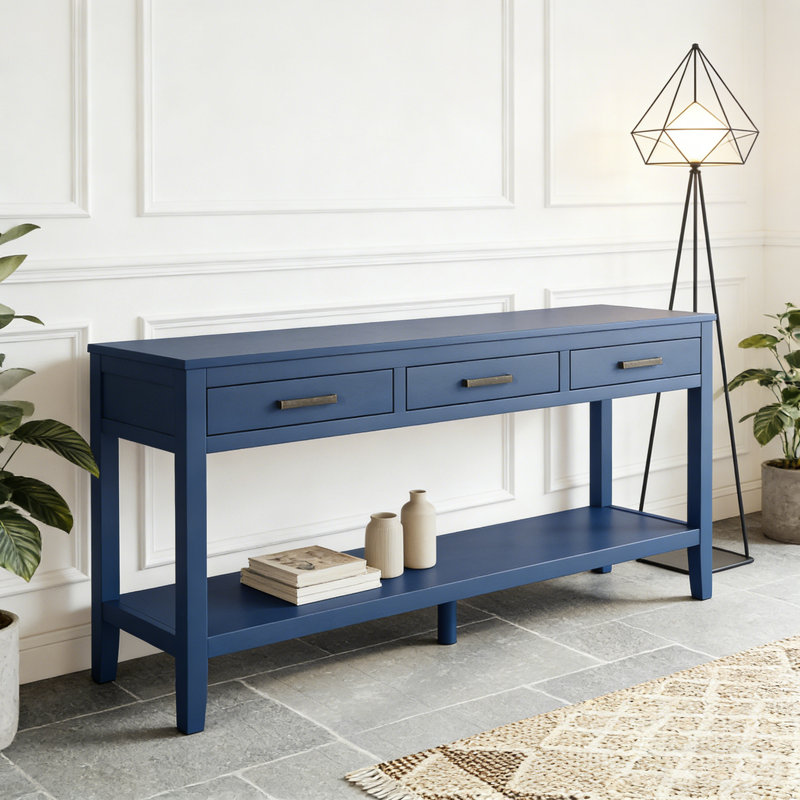 Console 59,1 po avec 3 tiroirs - poignées en fer et tablette inférieure pour la maison et le bureau, Marine